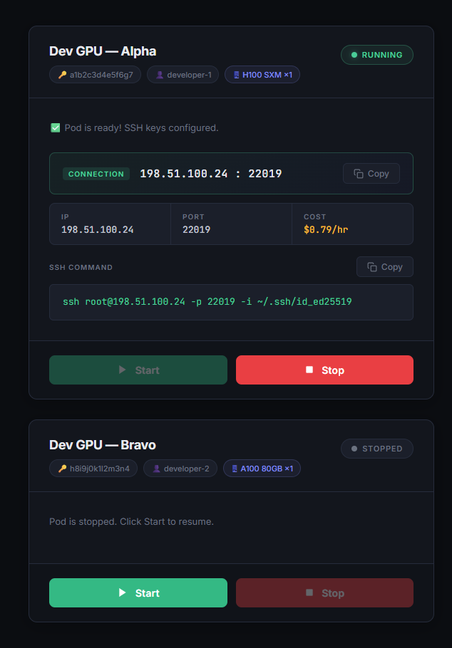 RunPod dashboard showing one running pod card with SSH connection details and one stopped pod card